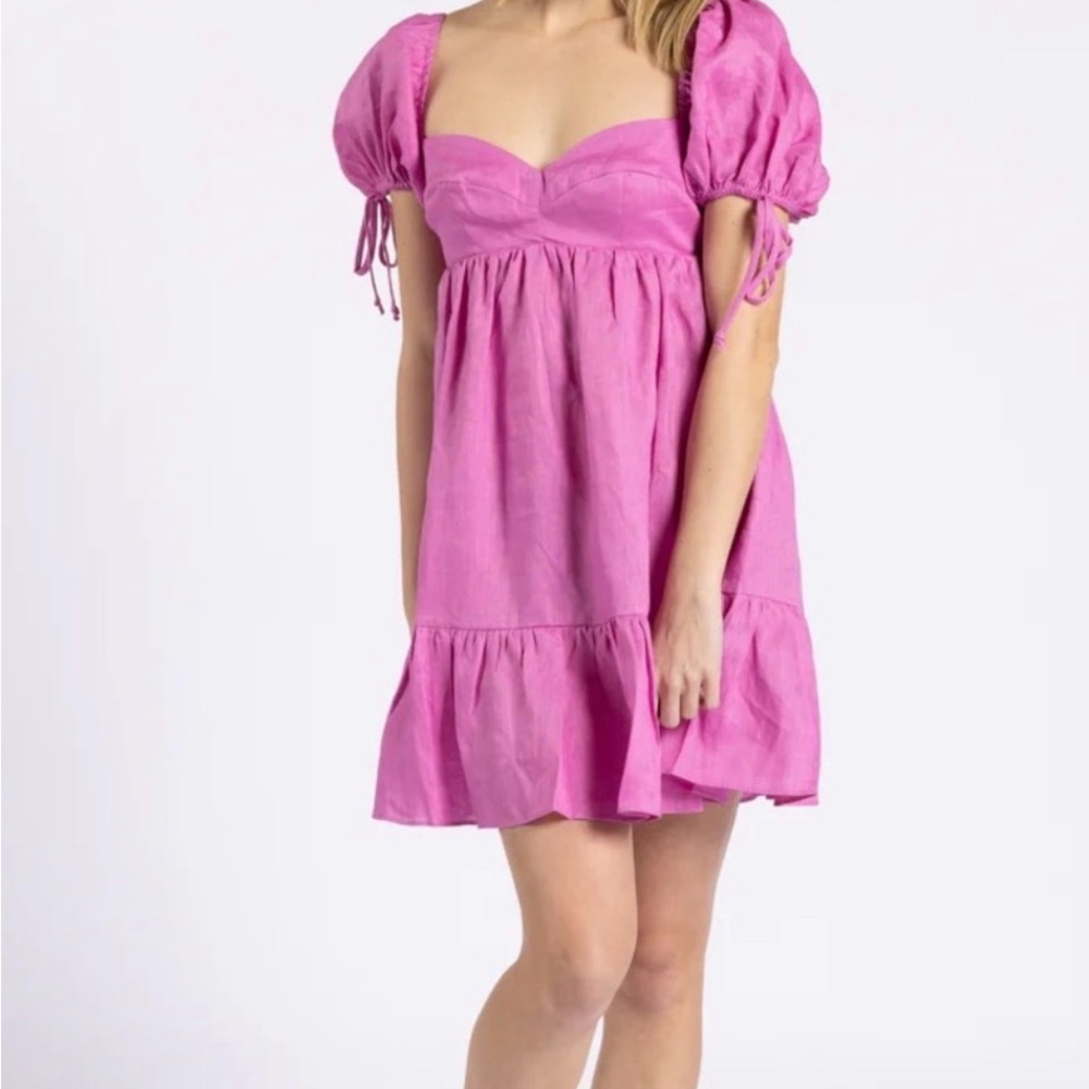 Olivaceous baby pink Puff Sleeve Mini Dress